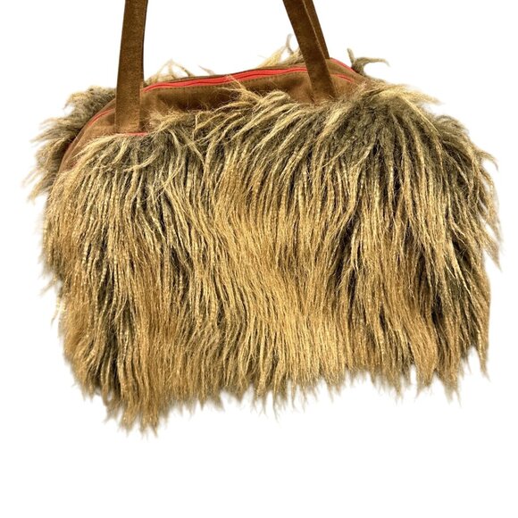 Atenti Brown Faux Fur Shag Weekender Overnight Travel Bag Red Trim Vintage - Picture 5 of 13